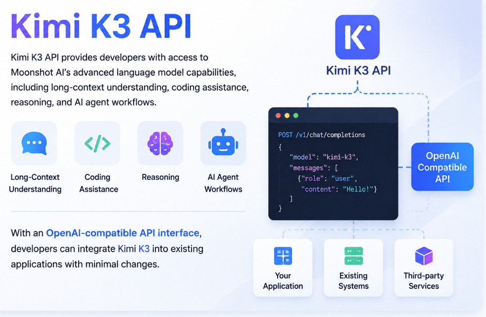 Kimi K3 API integration diagram showing OpenAI-compatible API access, AI model capabilities, and connections with applications, systems, and third-party services.