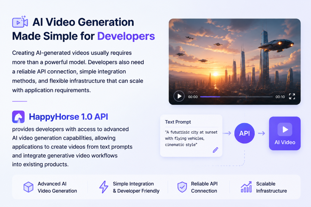 HappyHorse 1.0 API overview showing AI video generation from text prompts for developers. The graphic illustrates a text-to-video workflow through an API and highlights advanced AI video generation, simple integration, reliable API connectivity, and scalable infrastructure.