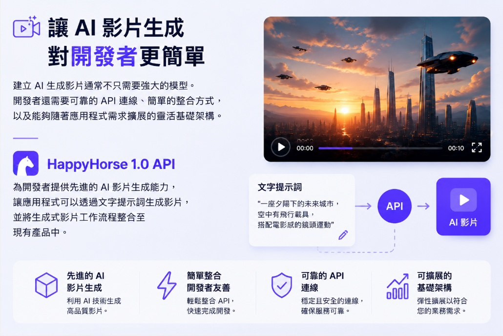 HappyHorse 1.0 API AI 视频生成功能介绍图,展示开发者如何通过 API 将文本提示词转换为 AI 视频。图片突出高级 AI 视频生成、简单易用的开发者集成、可靠的 API 连接以及可扩展的基础设施等核心优势。