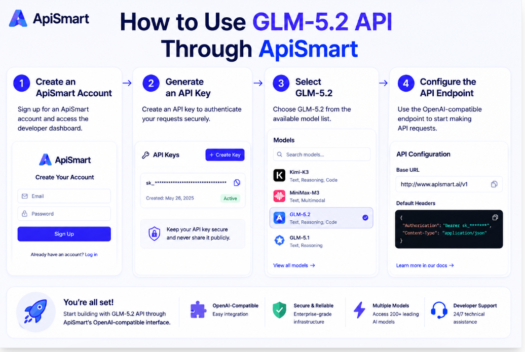 Step-by-step guide to using the GLM-5.2 API through ApiSmart, including creating an ApiSmart account, generating an API key, selecting GLM-5.2, and configuring the OpenAI-compatible API endpoint for development.