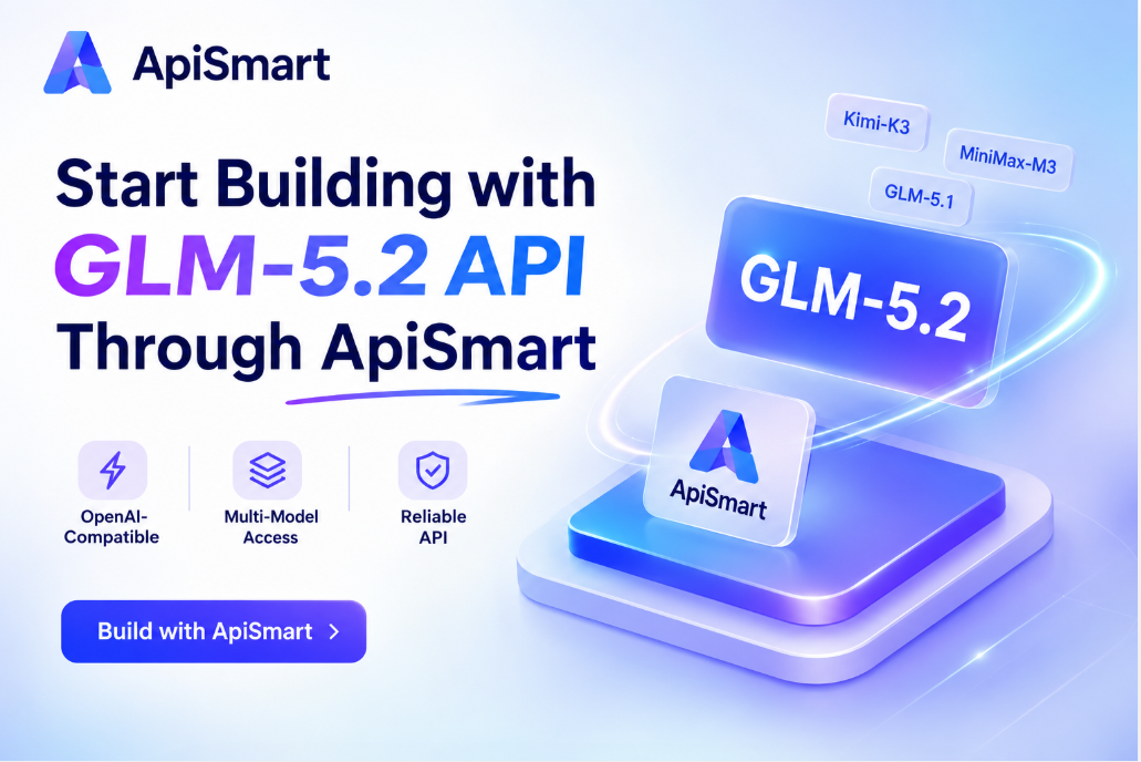 ApiSmart GLM-5.2 API integration graphic showing developers can build with GLM-5.2 through an OpenAI-compatible API, with multi-model access to Kimi-K3, MiniMax-M3, GLM-5.1, and other AI models on a reliable API platform.