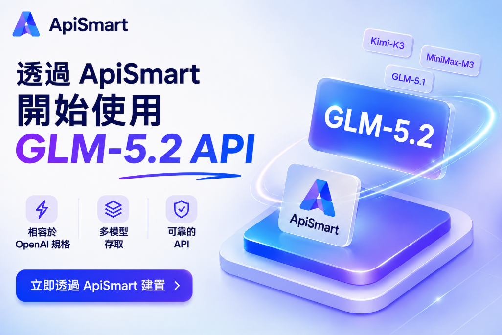 ApiSmart GLM‑5.2 API 接入示意圖，展示開發者可透過 OpenAI 相容介面使用 GLM‑5.2，並透過 ApiSmart 統一存取 Kimi‑K3、MiniMax‑M3、GLM‑5.1 等多個 AI 模型。圖片強調 OpenAI 相容、多模型存取以及可靠 API 基礎設施等核心優勢。