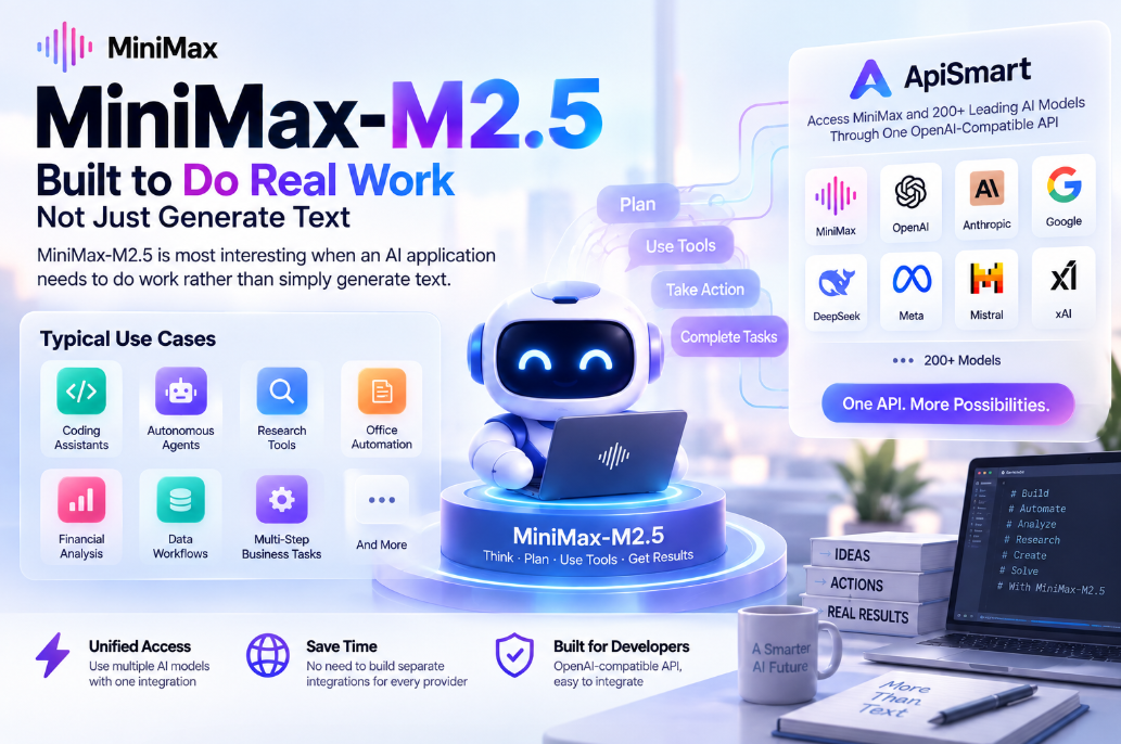 MiniMax-M2.5 AI model overview highlighting real-world work capabilities including coding assistants, autonomous agents, research tools, office automation, financial analysis, data workflows, and multi-step business tasks, with access through ApiSmart’s OpenAI-compatible API.
