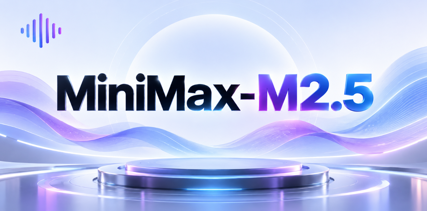 MiniMax‑M2.5 AI 模型主題圖,採用藍紫漸變與未來科技風格設計,凸顯 MiniMax‑M2.5 模型名稱,適用於展示其在程式設計、AI Agent、複雜推理、研究以及生產力工作流程等場景中的應用。