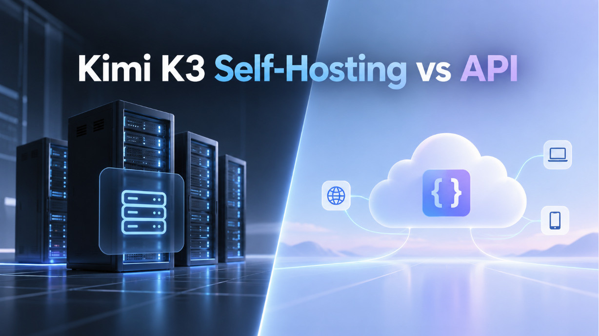 Kimi K3 自建部署與 API 部署方案對照主題圖，左側以伺服器叢集代表 Self-Hosting 自建基礎設施，右側以雲端 API 與多裝置連線代表託管 API 接入，直覺呈現兩種 Kimi K3 部署架構在基礎設施與接入方式上的差異。