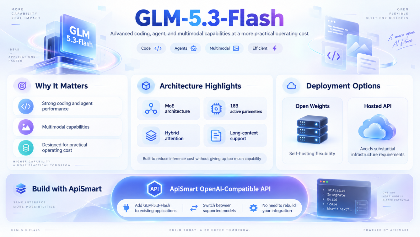 GLM-5.3-Flash AI model infographic highlighting advanced coding, agent, and multimodal capabilities, MoE architecture with 18B active parameters, hybrid attention, long-context support, open-weight self-hosting, hosted API deployment, and OpenAI-compatible access through ApiSmart.