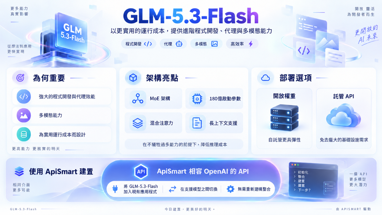 GLM-5.3-Flash AI 模型資訊圖,展示其進階程式設計、AI Agent 與多模態能力,以及 MoE 架構、180 億啟用參數、混合注意力、長上下文支援、開放權重自架部署、託管 API 部署,並可透過 ApiSmart 的 OpenAI 相容 API 進行整合。