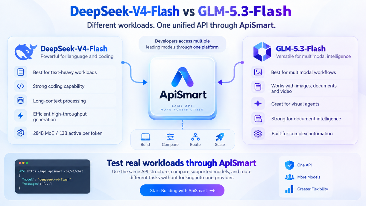 DeepSeek-V4-Flash vs GLM-5.3-Flash comparison through ApiSmart, highlighting DeepSeek-V4-Flash for text-heavy coding and long-context workloads and GLM-5.3-Flash for multimodal, visual agent, document intelligence, and automation workflows.