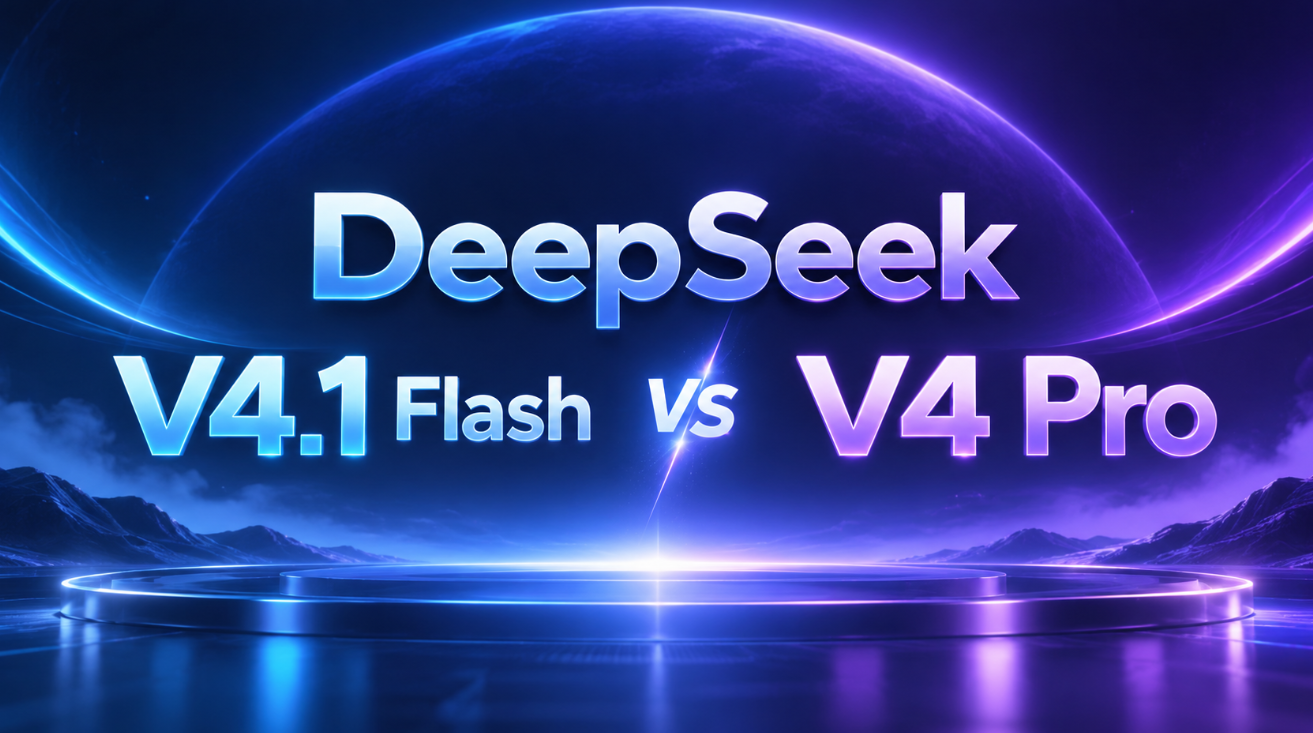 DeepSeek V4.1 Flash vs V4 Pro AI model comparison banner featuring blue and purple gradient typography, a futuristic glowing platform, and a dark cosmic technology background.